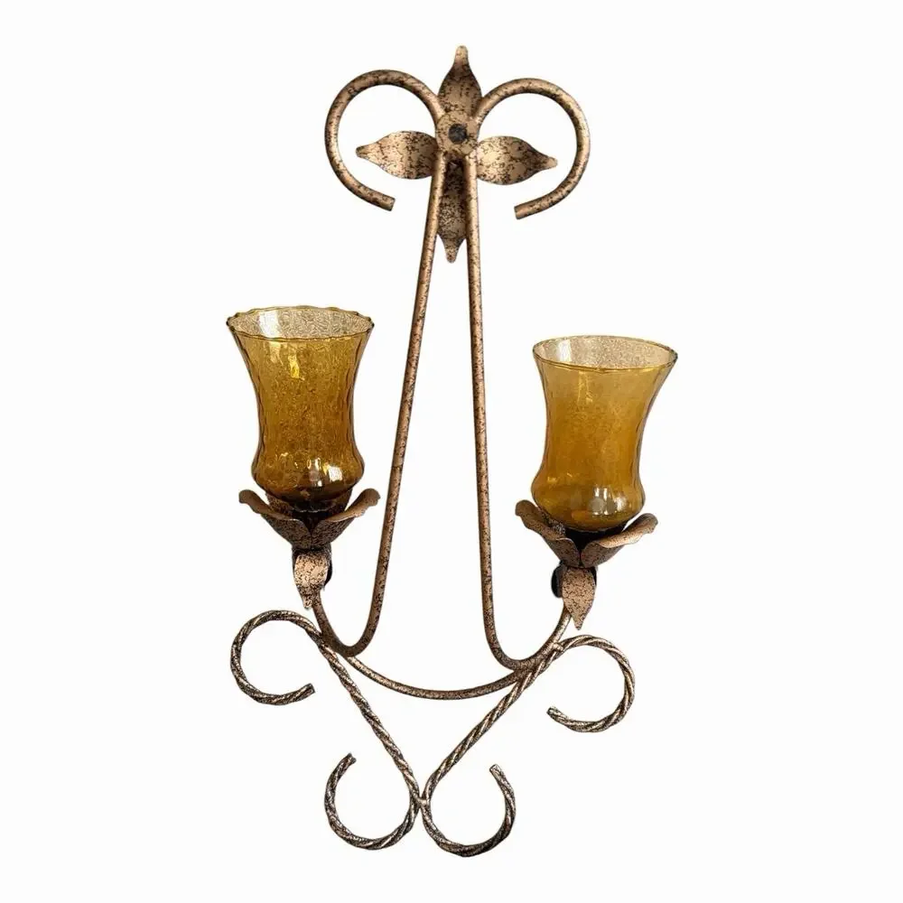 Vintage Distressed Gold Metal 2 Arm Wall Sconce Amber Glass Cups Twisted Rope